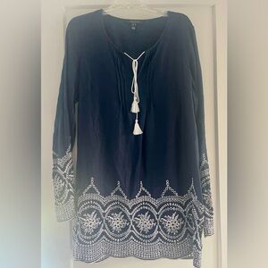 Long Tall Sally Blue Linen Embroidered Dress/Cover-up/Shirt size 12 Tall